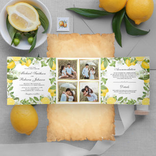 Citrus Lemon Orchard Photo Collage Wedding Tri-Fold Invitation
