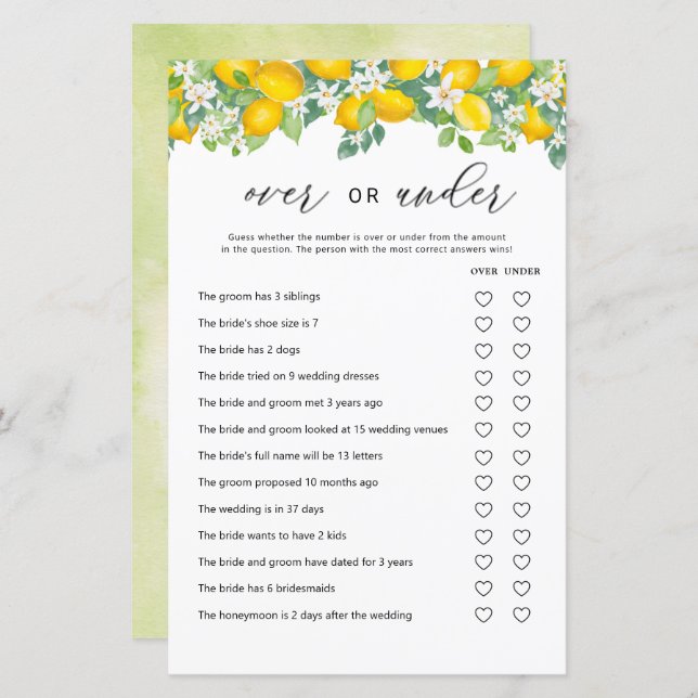 Citrus Lemon Over Or Under Bridal Shower Game (Front/Back)
