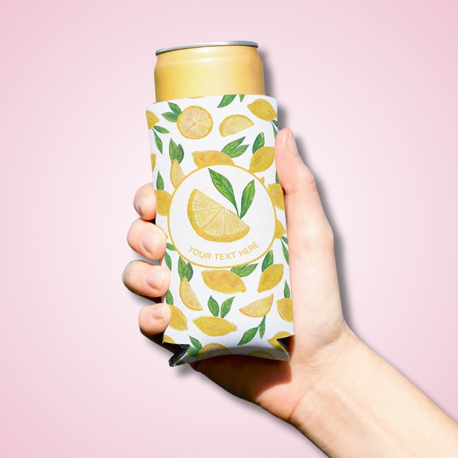 Citrus Lemon pattern Seltzer Can Cooler (Lemon patterned can cooler with white background, perfect for summer celebrations & birthday parties)