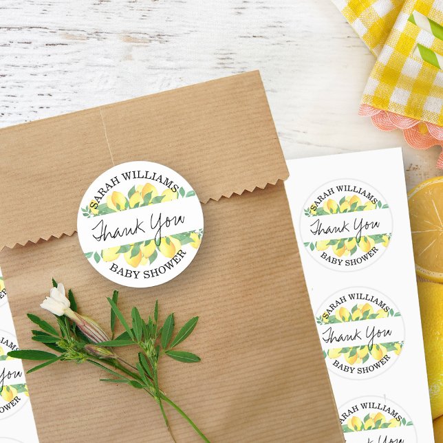 Citrus Lemon Personalized Thank You Classic Round Sticker (Thank you stickers from my Citrus Lemon Baby Shower Collection)