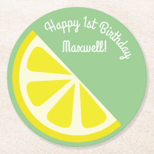 Citrus Lemon Slice Fruit 1st Birthday Party Round Paper Coaster