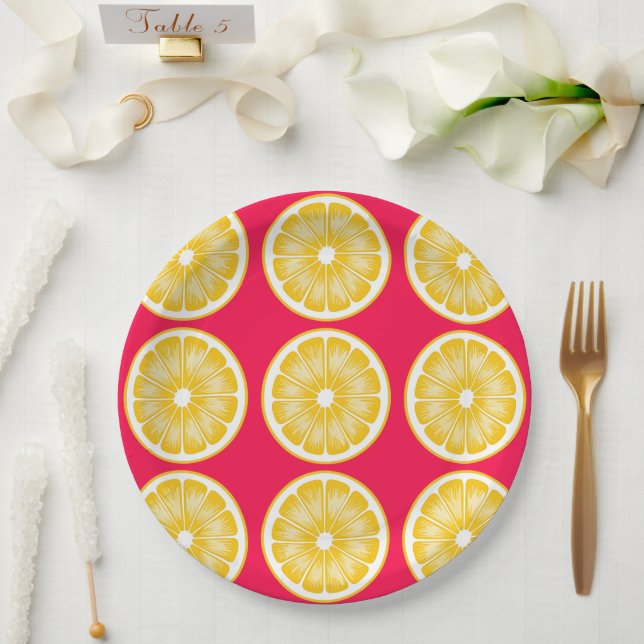 Citrus Lemon Slice Hot Pink & Yellow Paper Plate (Wedding)