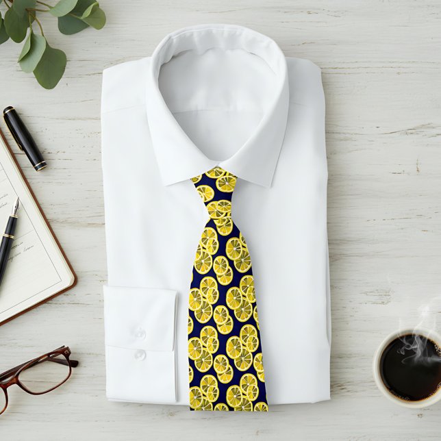 Citrus Lemon Slices Pattern on Dark Blue Backdrop Tie (Creator Uploaded)