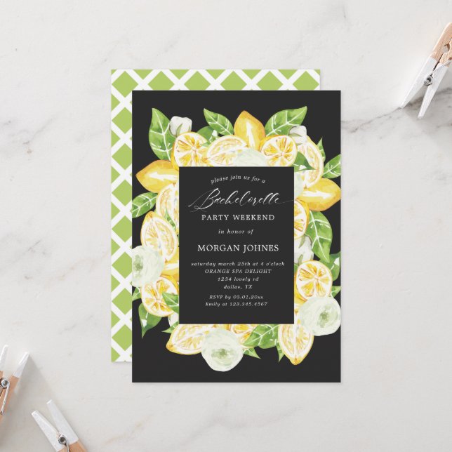 Citrus Lemon Tree Bachelorette Party Invitation (Front/Back In Situ)
