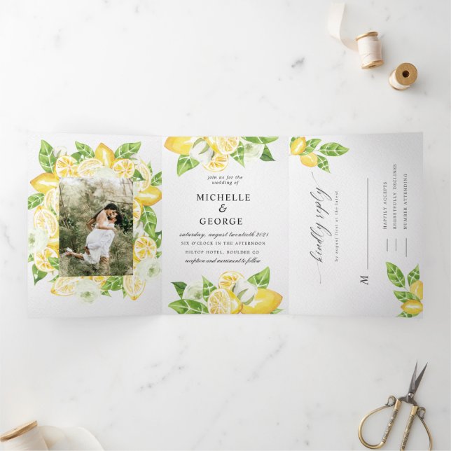 Citrus Lemon Tree Tri-Fold Wedding Invitation (Inside)