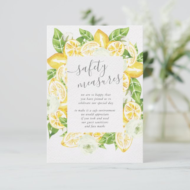 Citrus Lemon Tree Wedding Safety Measures Enclosure Card (Standing Front)