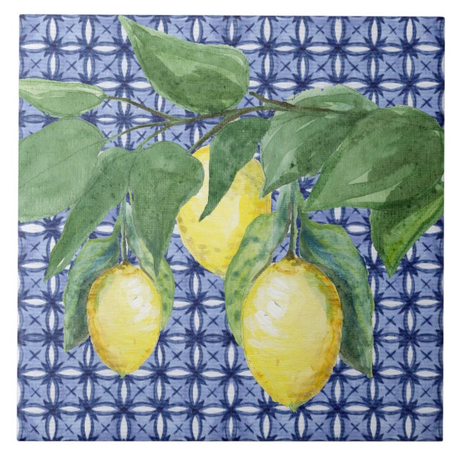 Citrus Lemon Watercolor Foliage Pattern Navy Blue Tile (Front)