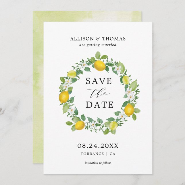 Citrus Lemon Wreath Yellow Wedding Save the Dates Invitation (Front/Back)