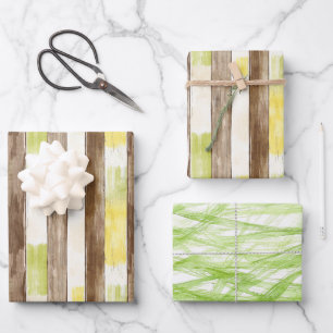 Citrus Lemon Yellow Lime Faux Wood Stripe Birthday Wrapping Paper Sheet