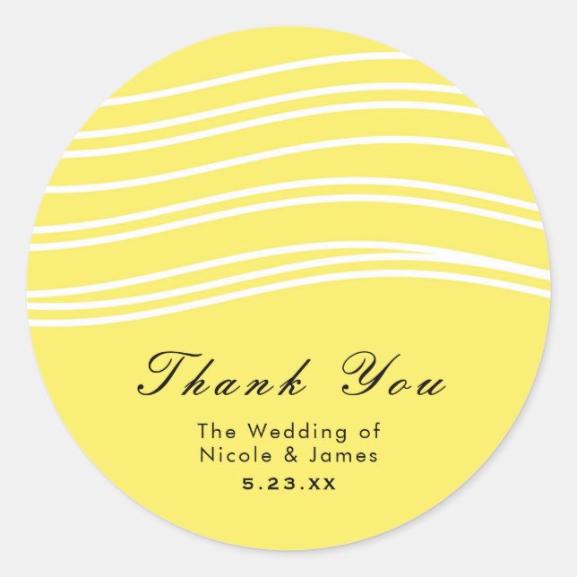 Citrus Lemon Yellow & White Wave Modern Wedding Classic Round Sticker (Front)