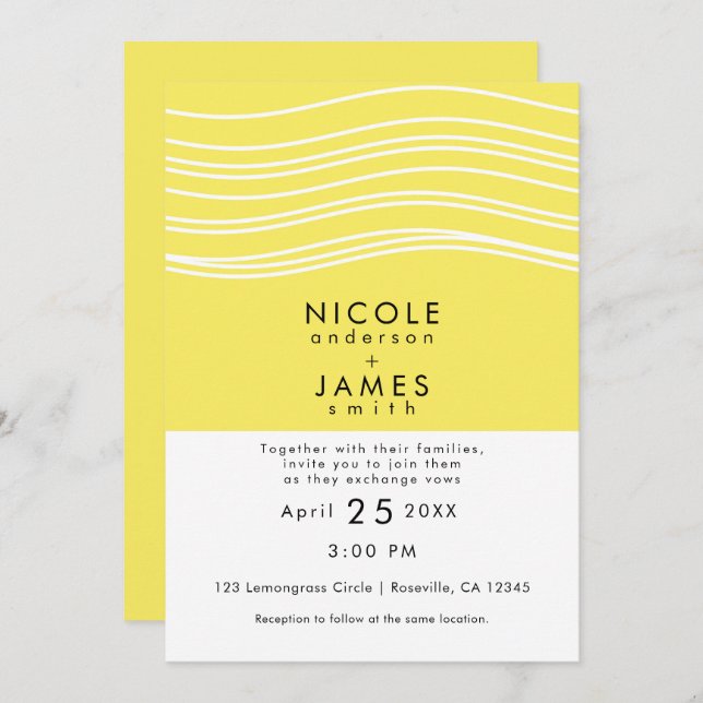 Citrus Lemon Yellow & White Wave Modern Wedding Invitation (Front/Back)