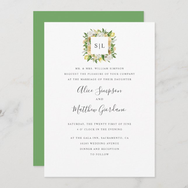 Citrus Lemons and leaves formal monogram wedding Invitation (Front/Back)