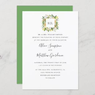Citrus Lemons and leaves formal monogram wedding Invitation
