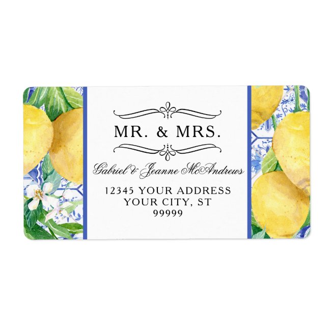 Citrus Lemons Greenery Wreath Blue and White Tile (Front)
