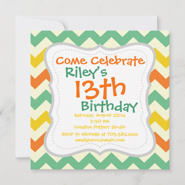 Citrus Lime Green Orange Yellow Chevron Zigzags Invitation (Front)