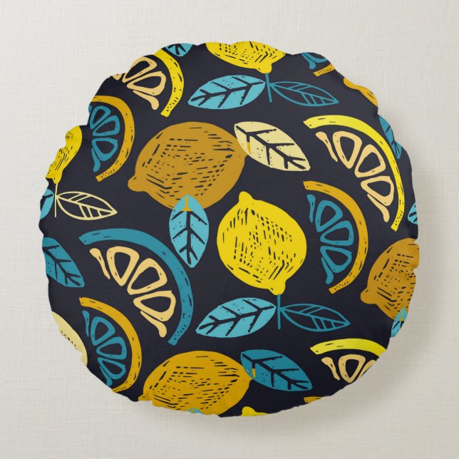 Citrus lime lemon doodle hand drawn pattern backgr round pillow (Front)