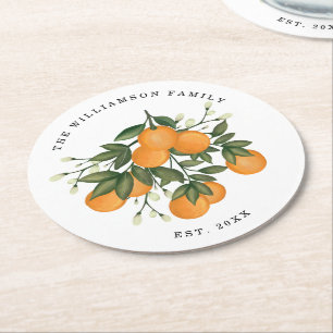 Citrus Love Botanical Orange Greenery Established Round Paper Coaster