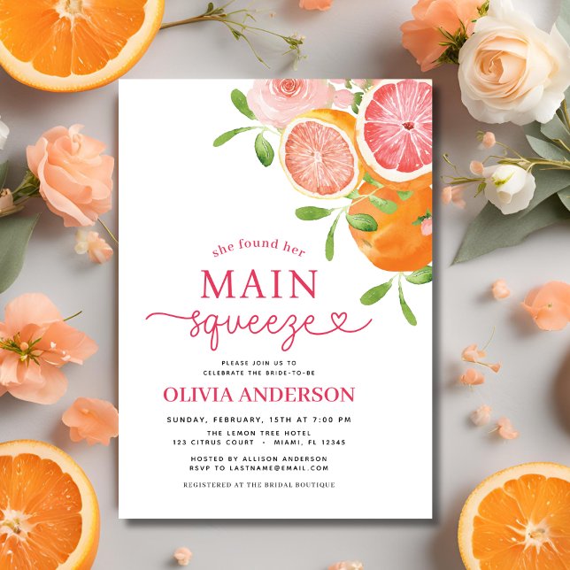 Citrus Main Squeeze Bridal Shower Orange Pink Invitation (Creator Uploaded)