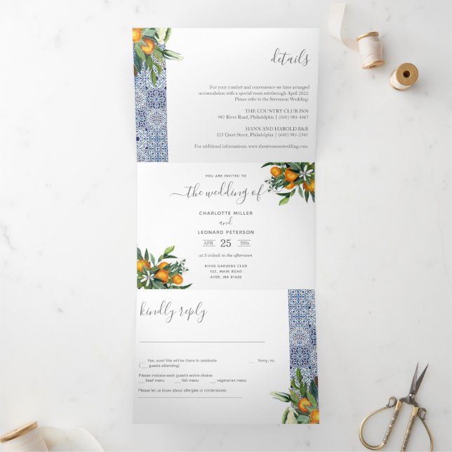 Citrus Mariage photo tuiles Tri-Fold Invitation (Intérieur)
