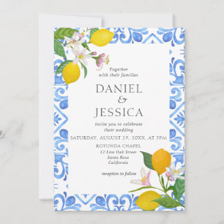 Citrus Mediterranean blueTiles Lemon Italy Wedding Invitation