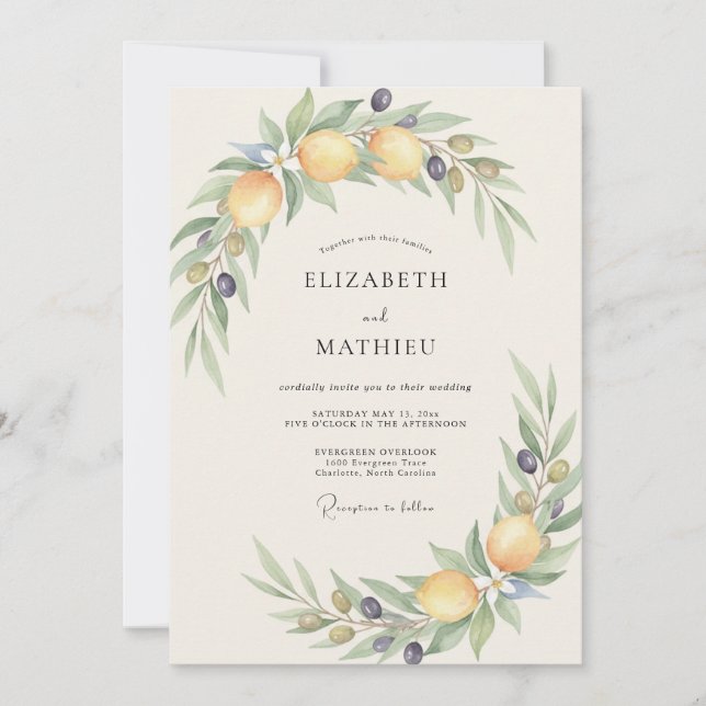 Citrus Olive Wreath Wedding Invitation (Front)
