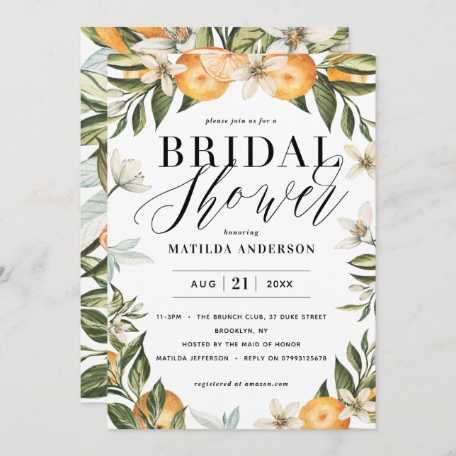 Citrus, orange + blossom bridal shower party (Front/Back)