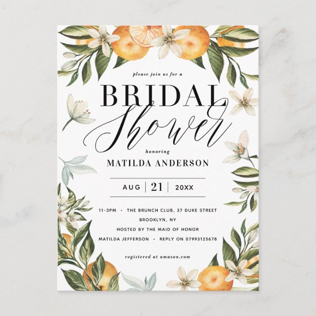 Citrus, orange + blossom bridal shower party postcard (Front)