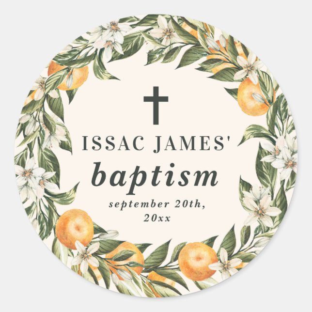 Citrus, orange + blossom christening baptism classic round sticker (Front)