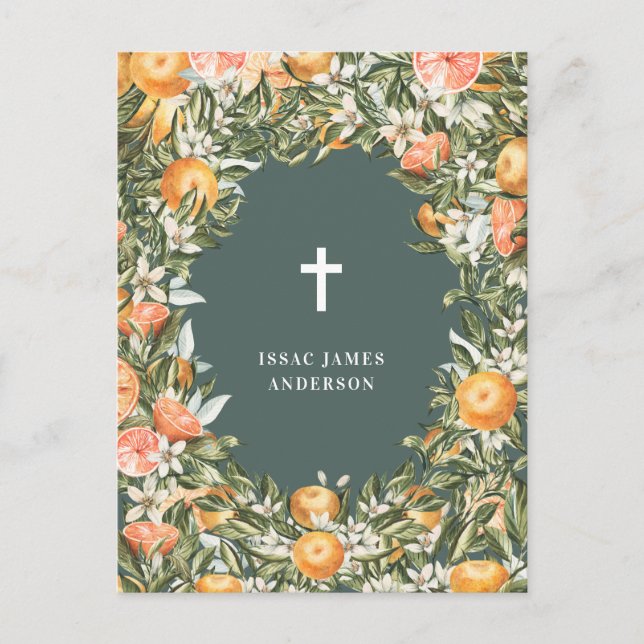 Citrus, orange + blossom christening baptism invitation postcard (Front)
