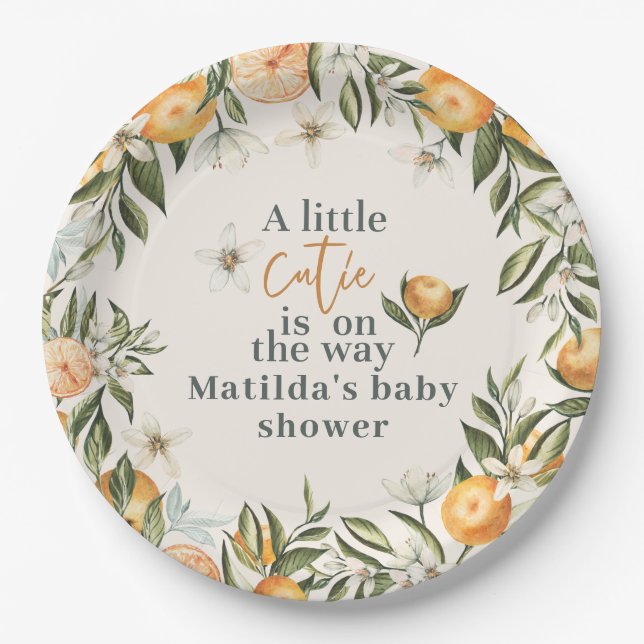 Citrus, orange + blossom little cutie baby shower paper plate (Front)