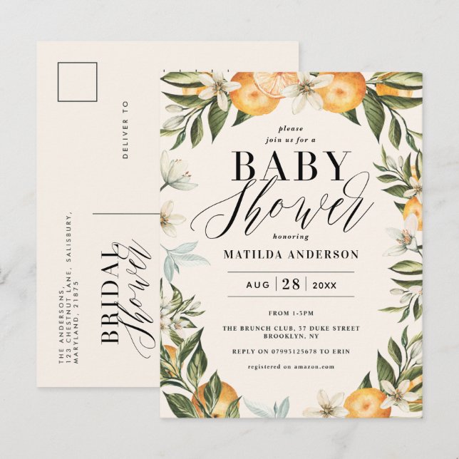 Citrus orange blossom virtual baby shower party invitation postcard (Front/Back)