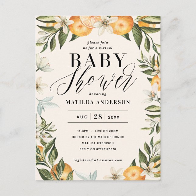Citrus orange blossom virtual baby shower party postcard (Front)