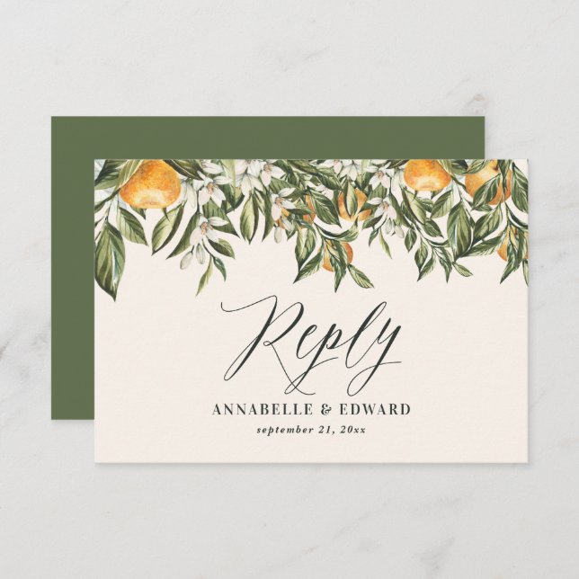 Citrus orange botanical modern rustic RSVP (Front/Back)