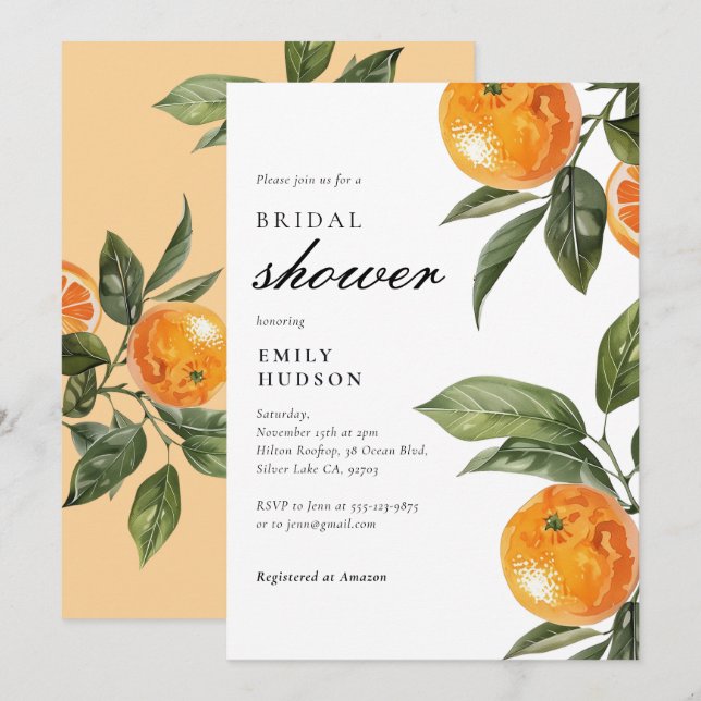 Citrus Orange Elegant Bridal Shower Invitation (Front/Back)