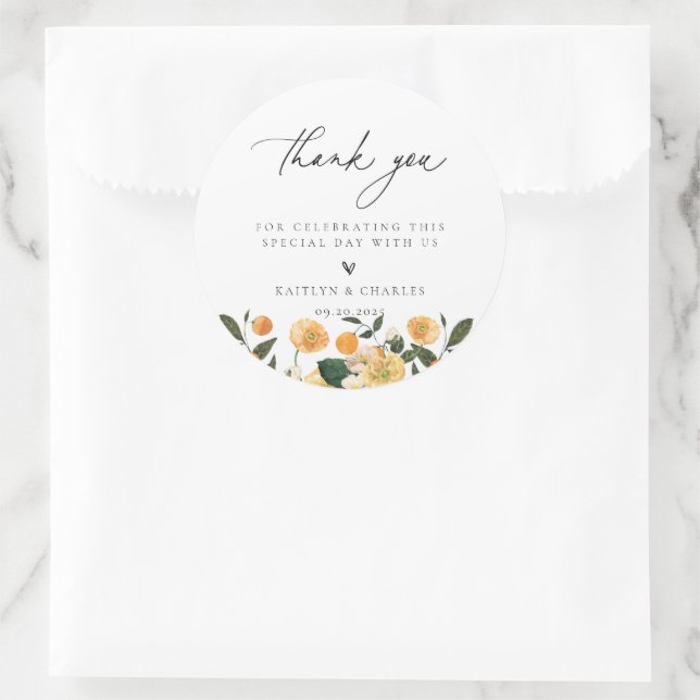 Citrus Orange Floral Wedding Thank You Classic Round Sticker (Bag)