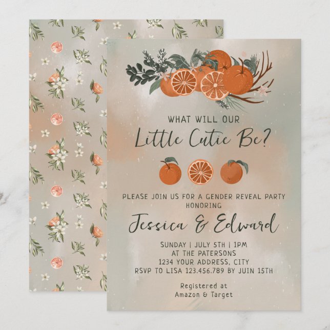 Citrus Orange Green Little Cutie Gender Reveal Invitation (Front/Back)
