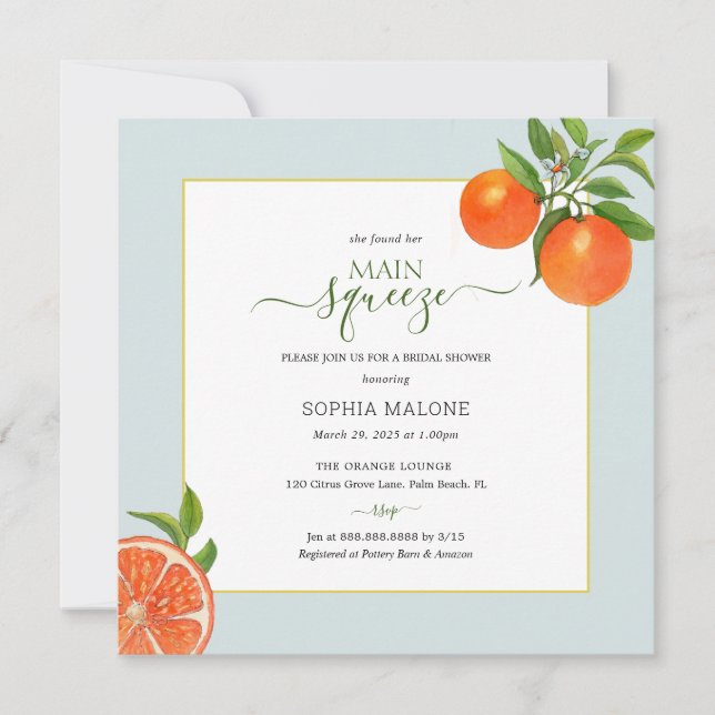 Citrus Orange Main squeeze Bridal Shower Invitation (Front)