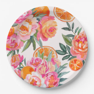 Citrus Orange & Pink Floral Bold Bridal Shower Paper Plate