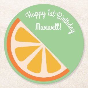 Citrus Orange Slice Fruit 1st Birthday Party Round Paper Coaster