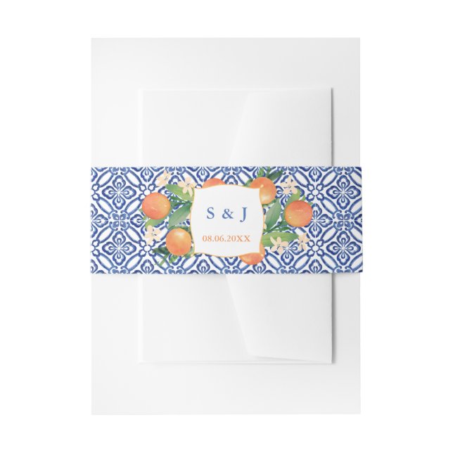 Citrus Orange Spanish Blue White Tiles Wedding Invitation Belly Band (Front Example)