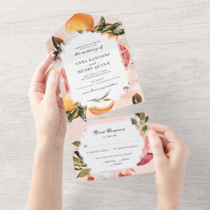 Citrus Orange Watercolor Greenery Wedding All In One Invitation