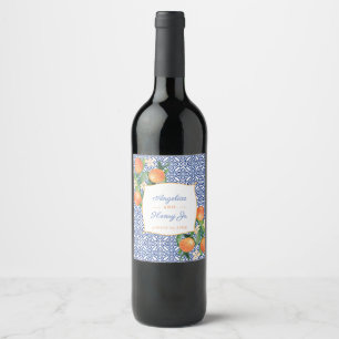Citrus Oranges Amalfi Blue Tiles Wedding Dinner Wine Label