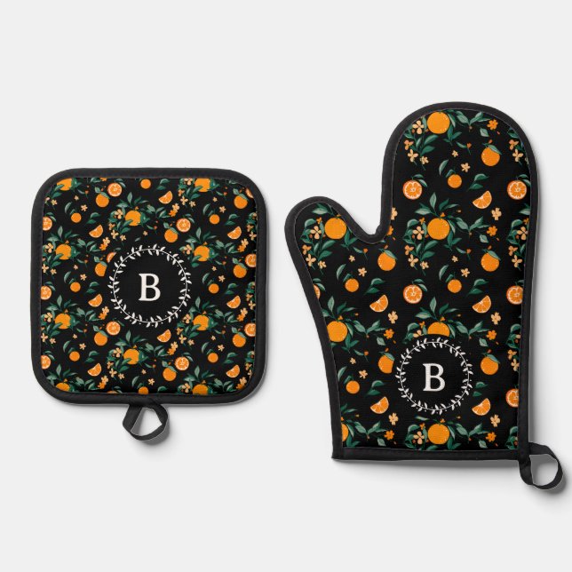 Citrus Oranges & Blossoms Personalized Oven Mitt & Pot Holder Set (Front)