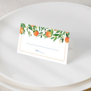 Citrus Oranges Blue Tiles Spanish Wedding Party Place Card