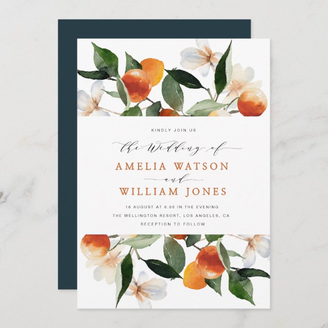 citrus oranges floral wedding invitation (Front/Back)