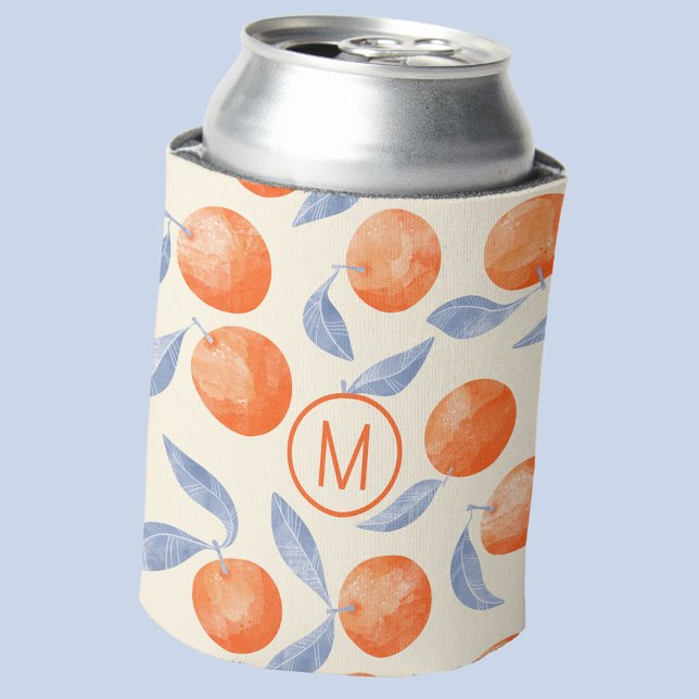 Citrus Oranges Monogram Initial Watercolor Pattern Can Cooler (Monogram initial personalized citrus oranges watercolor Mediterranean can cooler)
