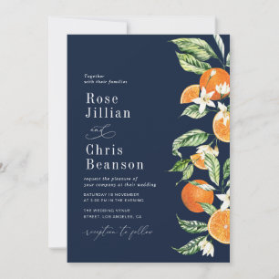 Citrus Oranges Navy Blue Floral Wedding Invitation