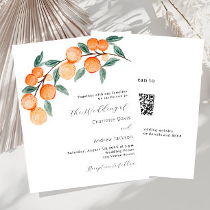 Citrus oranges QR RSVP budget wedding invitation