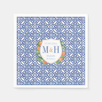 Citrus Oranges Vintage Blue Tiles Monogram Wedding