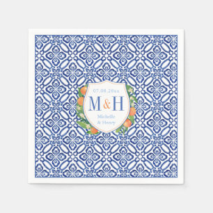 Citrus Oranges Vintage Blue Tiles Monogram Wedding Napkin